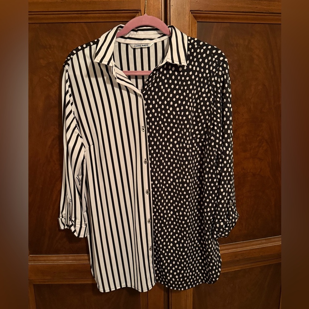 Nygard Mix Patterned Print, Black White Blocked Blouse Top 0X